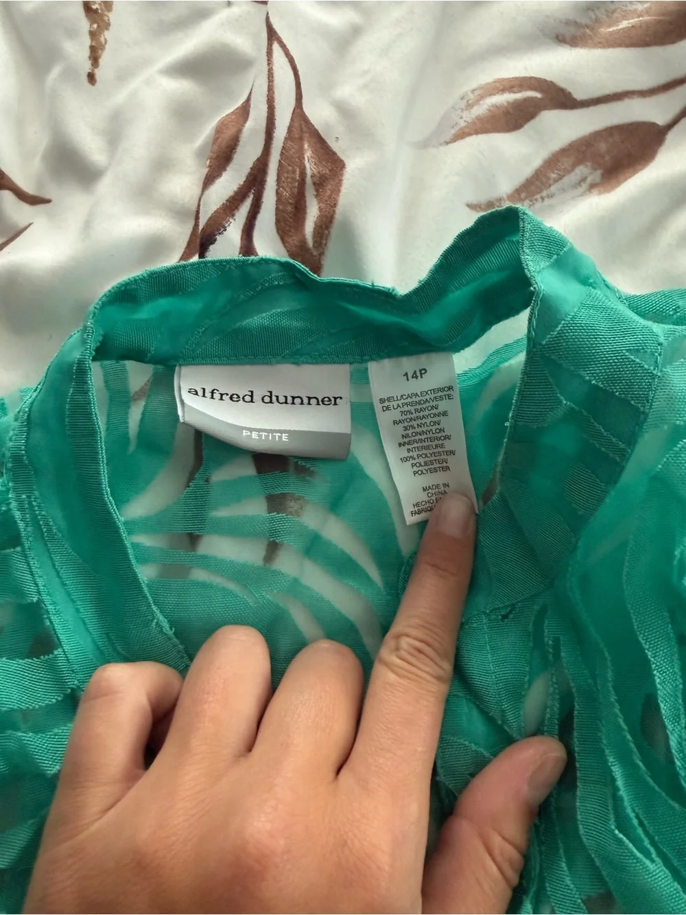 Alfred Dunner Sheer Teal Swirl Button-Up Blouse